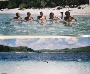 Photographs from a scrap book a friends swimming in Fraser Island freshwater body.